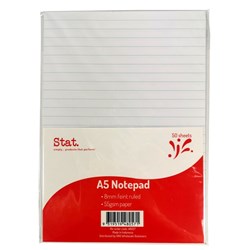 STAT NOTEPAD A5 7MM RULED 55Gsm White 50 Sheet