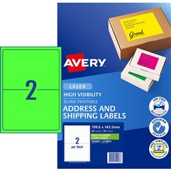  Avery High Visibility Shipping Laser Labels Green L7168FG 199.6x143.5mm 2UP 20 Labels 