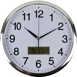  Italplast Wall Clock Inset LCD Date Month 36cm Round Chrome Frame White Face 